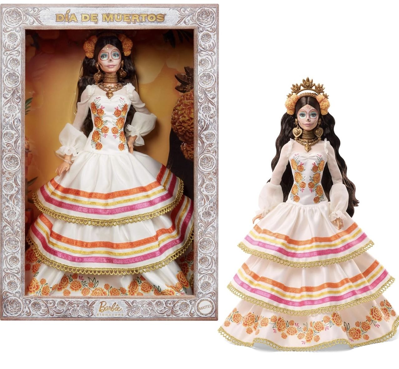 Barbie Exclusive Doll, Day of the Dead 2025 Collectible in a Cream Ruffled Dress with Adorned Details.