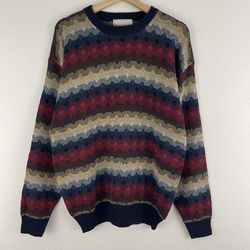 Vintage 90s Coogi Vibes Red Multicolor Stripe Grandpa Oversized Chunky Sweater
