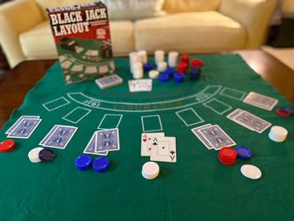 BLACKJACK FELT LAYOUT WITH 300 CHIPS, (1) DECK OF CARDS
