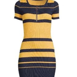 Women’s Sweater Yellow Stripe Zip Front Dress Comfty 
