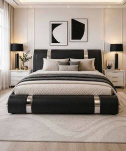 Queen Bed Frame with Iron Piece Decor, Faux Leather, Black
Upholstered Platform Bed with Adjustable Headboard & Strong Wooden Slats, No Box Spring Nee