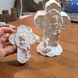 Set Of 2 Collectible Precious Moments Lighted Cross "Jesus Loves Me" 1993 W/3D Bunny Figure W/Matching Night Light, Porcelain 