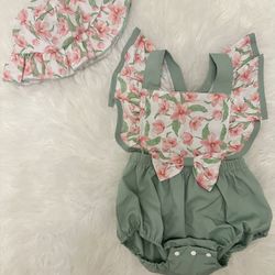 Baby Girl Romper. 7-9 Months Old. With Sun Hat 
