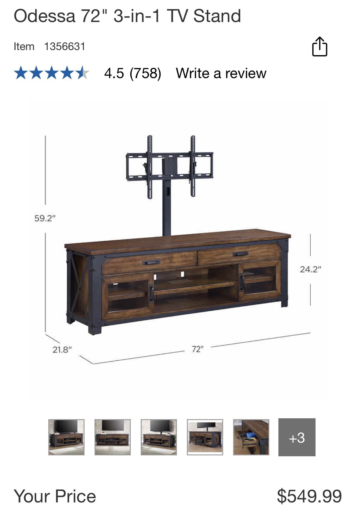 Costco Odessa 72” 3-in-1 TV Console