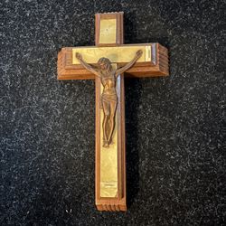 Wooden Sick Call Crucifix With Brass Detailing.