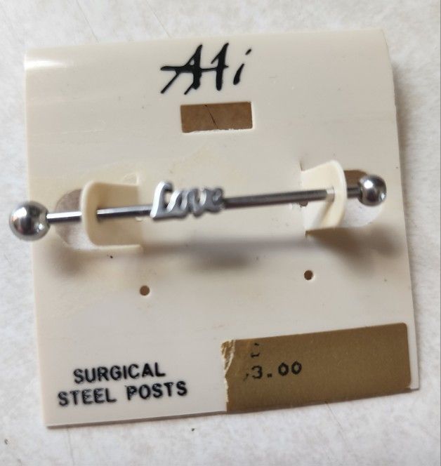SILVER SURGICAL STEAL " LOVE " INDUSTRIAL BARBELL