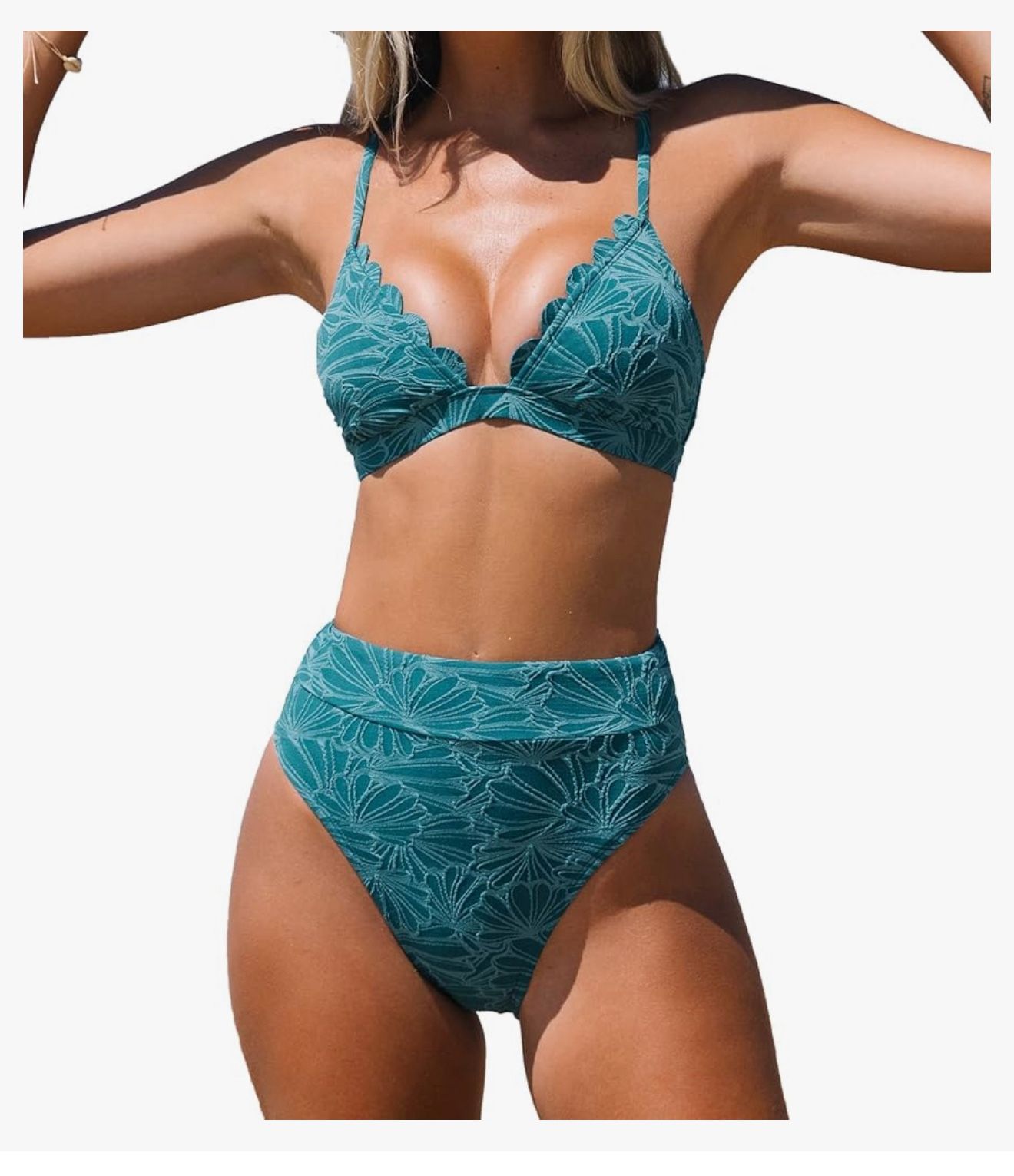 CUPSHE Bikini Set for Women Bathing Suit High Waisted Scalloped V Neck Two Pieces Swimsuit