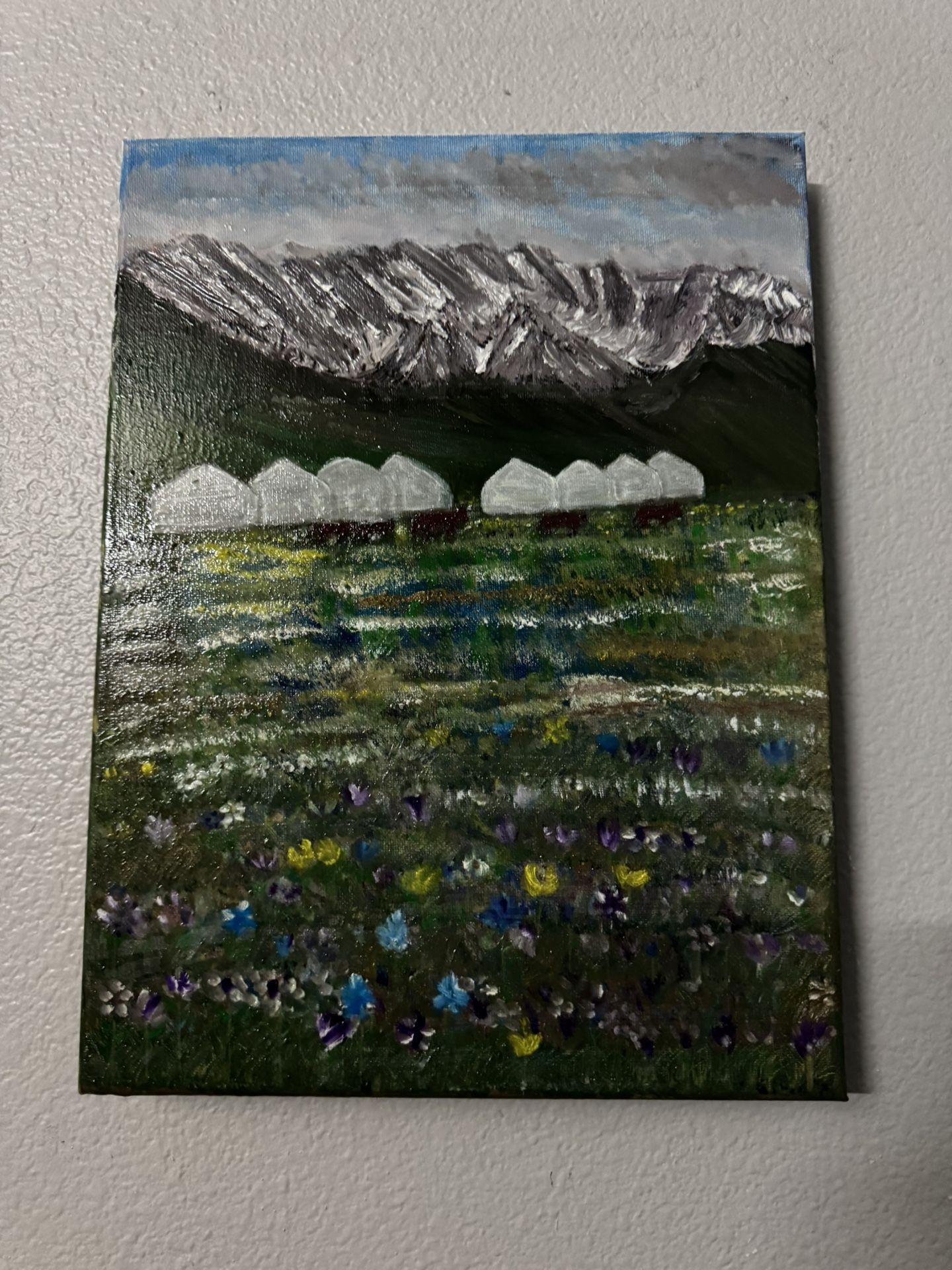 Snow Mountain Flower Prairie Landscape Oil Painting on Canvas