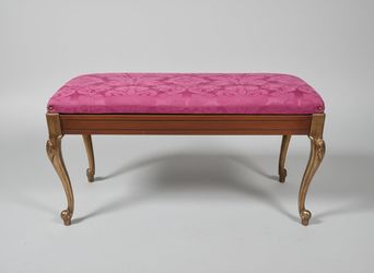 Magenta Damask Upholstered Storage Bench with Carved Wood Legs