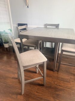 Gray Counter Height Dining Table with Chairs and Bench