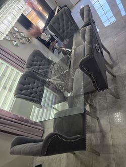 Glass Dining Table with Grey Velvet Chairs