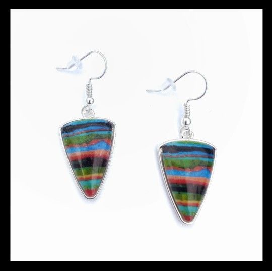 Multicolored southwestern style silver triangle dangle earrings new