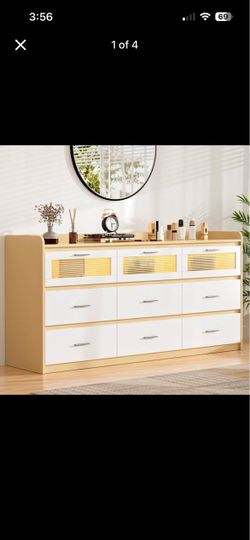 Modern 9-Drawer Dresser with Light Wood Frame and White Fronts