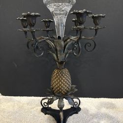 Vintage Castilian Imports Solid Brass & Bronze 6 Arm Pineapple Crystal Candelabra 