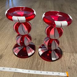Pair Of Glass Christmas Candle Holders Candy Cane 