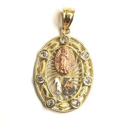 Fancy frame with cubic zirconia /15 and Guadalupe religious pendant 14K REAL YELLOW, WHITE AND ROSE GOLD.