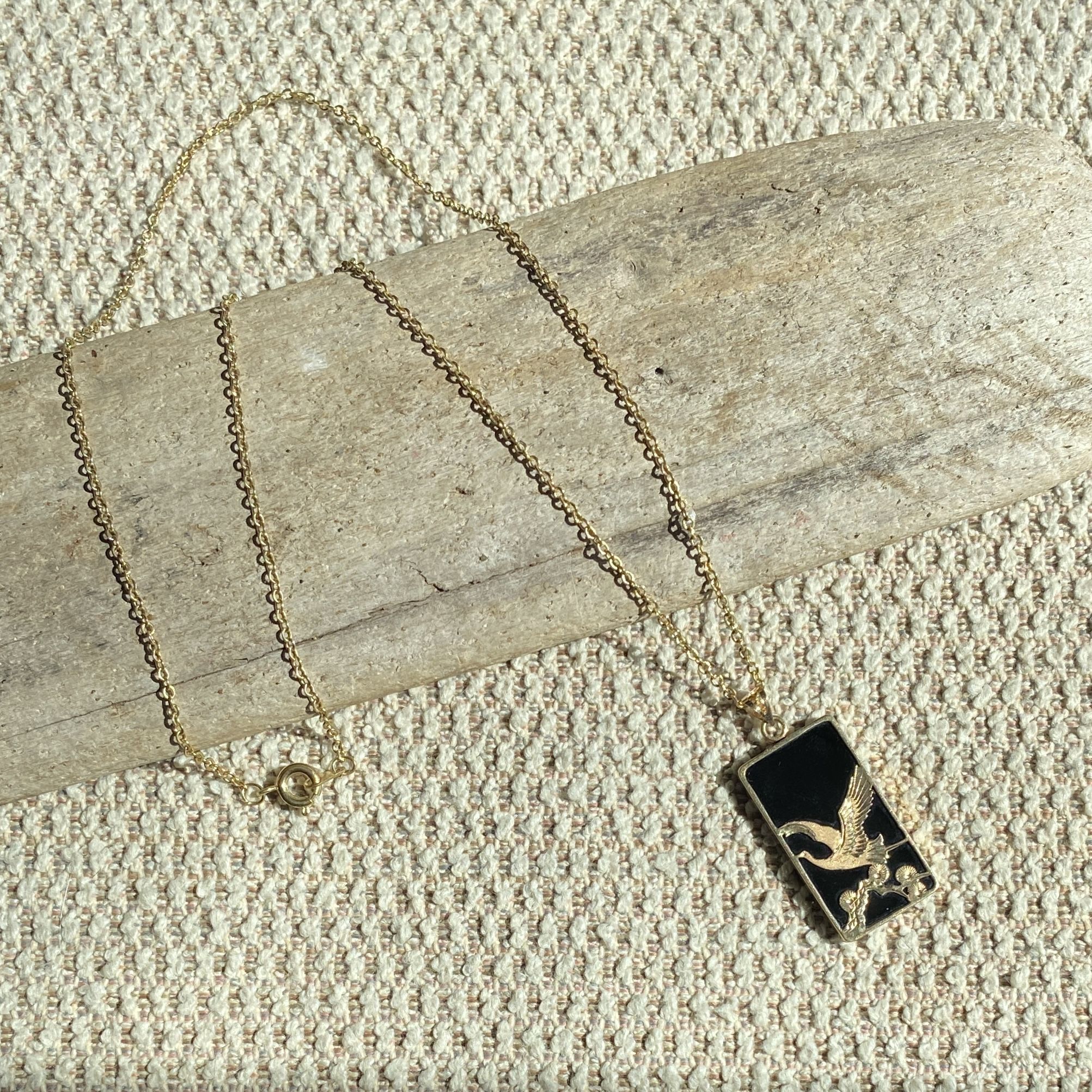 14k Gold Plate Rectangular Embossed Crane on Black Onyx Pendant Dainty 18” Chain