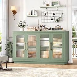 Buffet Cabinet with Storage, 55.1" Large Sideboard Cabinets, Modern Sideboard Kitchen Cabinet with 4 Fluted Glass Doors, Wood Coffee Bar Buffet Table 