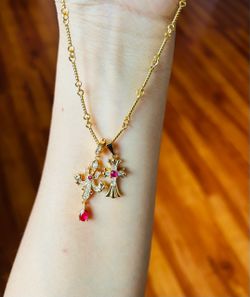 Golden- Ruby Double Cross Pendant Necklace