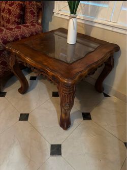 Carved Wood End Table with Glass Top