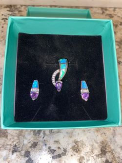 Sterling - Opal and Amethyst Pendant and Earrings Set