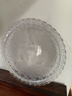 Lovely Glass Cake Plate 13” , Roses & Flowers, Heavy Glass
