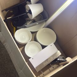 Box Of Plates, Kitchen Utensils And Tools, Lamps