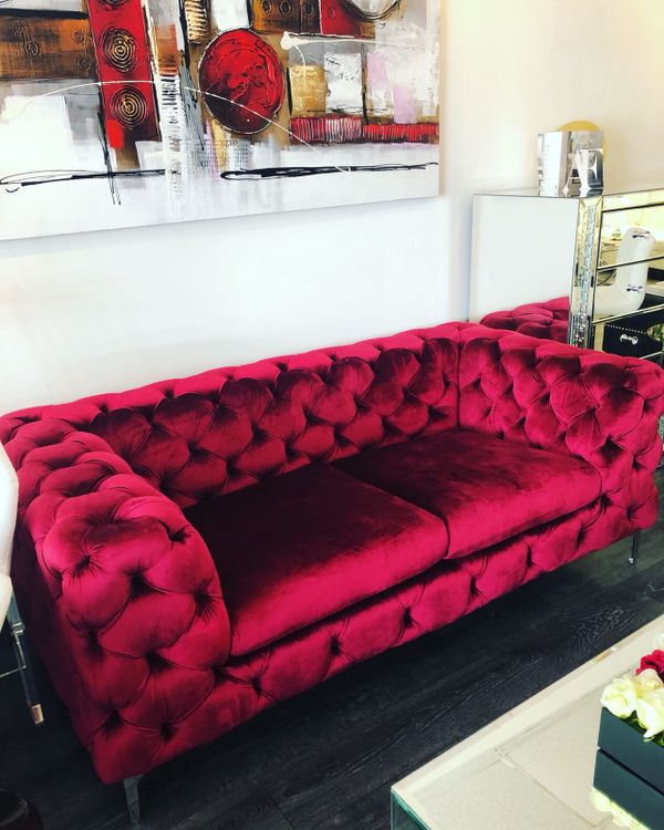 Red Sofa Velvet Couch In Display For Pompano Beach Fl 699