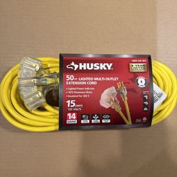 Husky 50 ft. 14/3 Medium Duty Indoor/Outdoor Extension Cord with Multiple Outlet Triple Tap Lighted End, Yellow