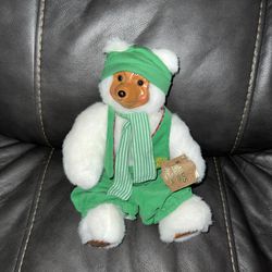 1989 Robert Raikes Bear, Elf 660335, Green Corduroy Scarf, Jingle Bell Hat, VTG