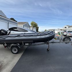 Saturn FB385 13’ Heavy Duty Inflatable with FE Breakable Neck Trailer & Mercury 20Hp Motor