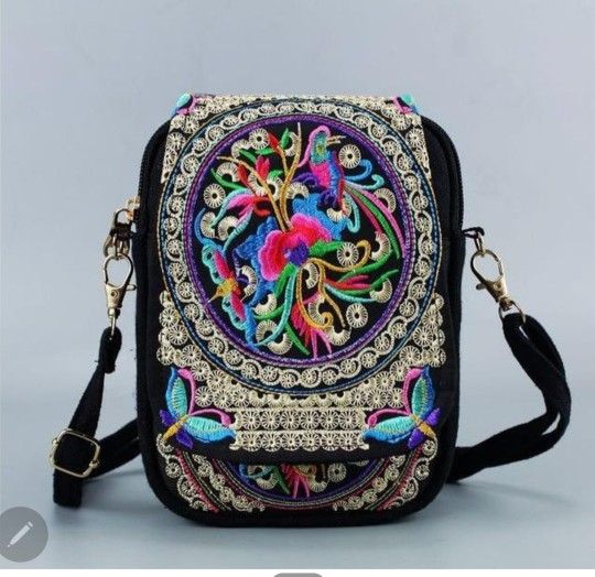 Flower Embroidered Phone Bag Black And Pink