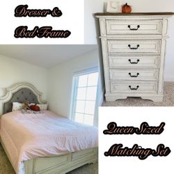 Beige Queen Size Bed Frame & Brown Wood Dresser Matching Set