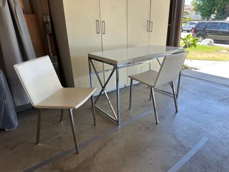 White Desk w/ Chrome Legs  and 2 CB2 Chairs