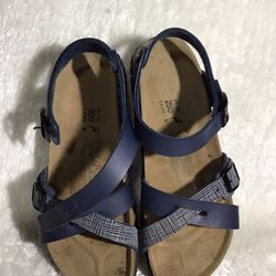Birki’s Birkenstock Navy Blue Strap Sandals Buckle Strap At Ankle Size 9 (39.5)