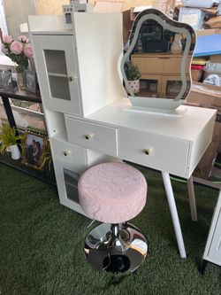 White Vanity Desk with Mirror and Stool