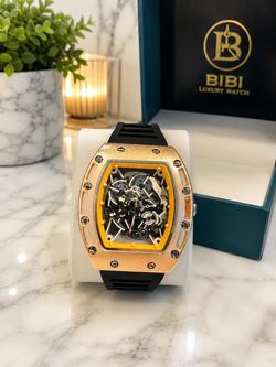 BIBI Luxury Automatic Skeleton Tonneau Watch Rose Gold Black Rubber Strap