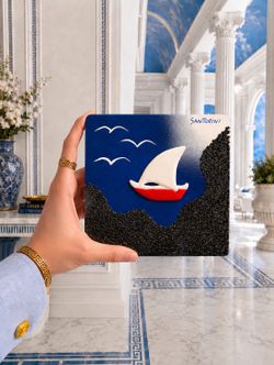Vintage SANTORINI Original Fine Art Painting w/ Sand Wall Plaque Greek Sailboat Grecian Boat Seagulls Souvenir Artisan Collectible on Wood HILLCREST