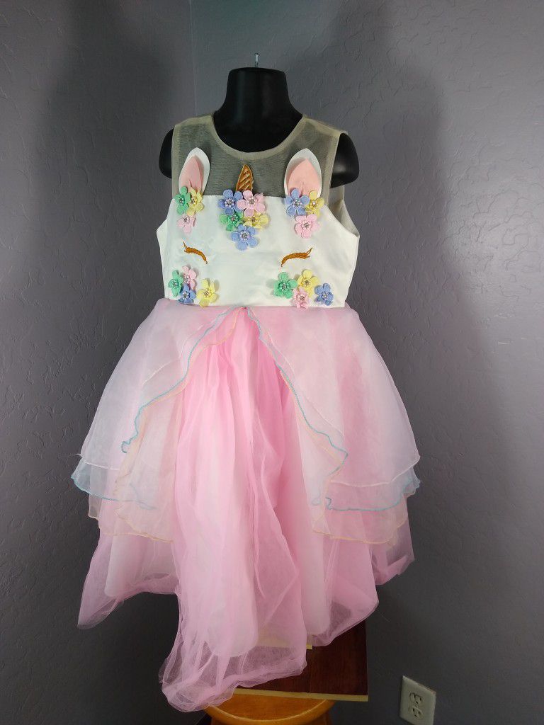 Unicorn party dress size 130(us 6/7) with a matching hair tie

