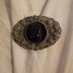 Vintage Marcasite And Jet Glass Cameo Brooch
