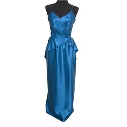Vintage 80s Prom Party Dress M Medium Blue Satin Sequin Spaghetti Strap Peplum Long Sheath Maxi Two Piece with Bolero Jacket Eve of Milady