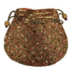 Indian Gold and Red Beaded Women's Bag Purse Pouch