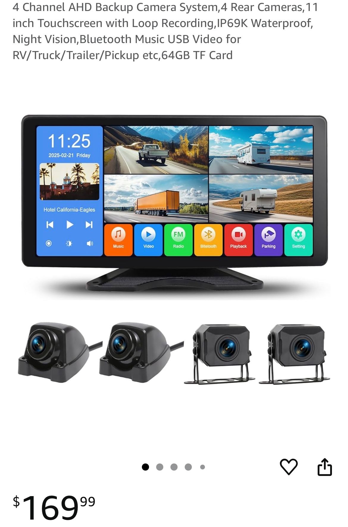 4 Channel AHD Backup Camera System,4 Rear Cameras,11 inch Touchscreen with Loop Recording,IP69K Waterproof, Night Vision,Bluetooth Music USB Video for