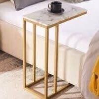 NEW Gold Marble C Shaped Snack Table, Rectangle End Side Table