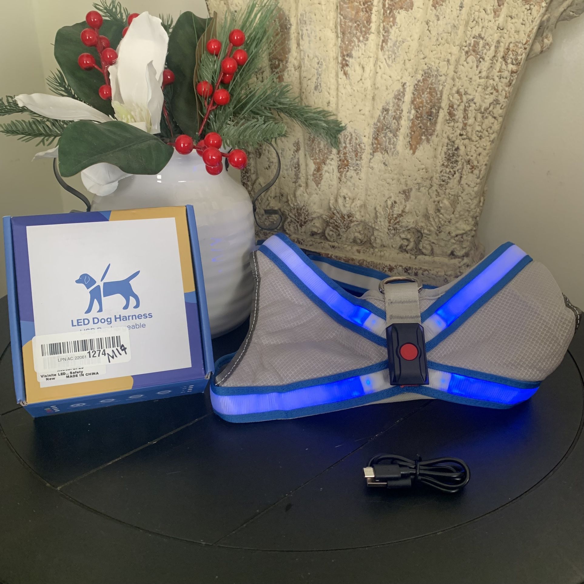 XL Light Up Dog Vest Harness USB Rechargeable, Soft Padded, Adjustable & Reflective Light for Dog Harness at Night Blue
