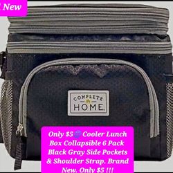 $5🌐 Cooler Lunch Box Collapsible 6 Pack Black Gray Side Pockets & Shoulder Strap. Brand New. Only $5 !!!