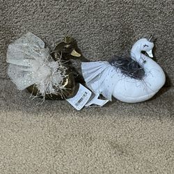 Wondershop lot of 2 fabric Swan Christmas ornament Gold White Crown Sequin
