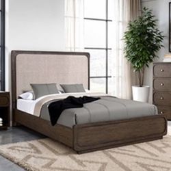 1 Dark Wood Bed with Beige Fabric Headboard