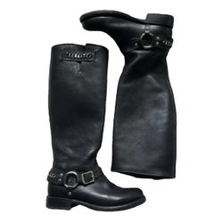 Frye Black Jenna Leather Harness Moto Bike Tall Heeled Boots Size 7B
