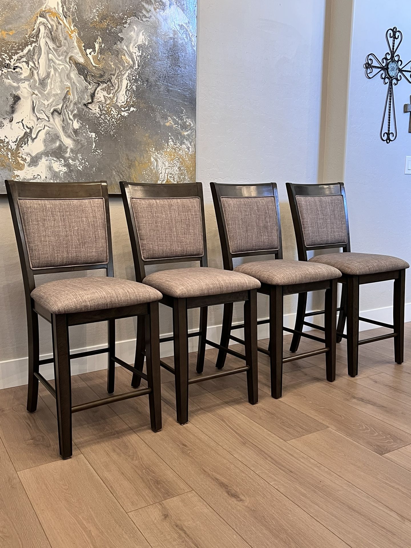 FOUR Grey Fabric Bar Stools- Gray Counter Height Chairs - Counter Stools